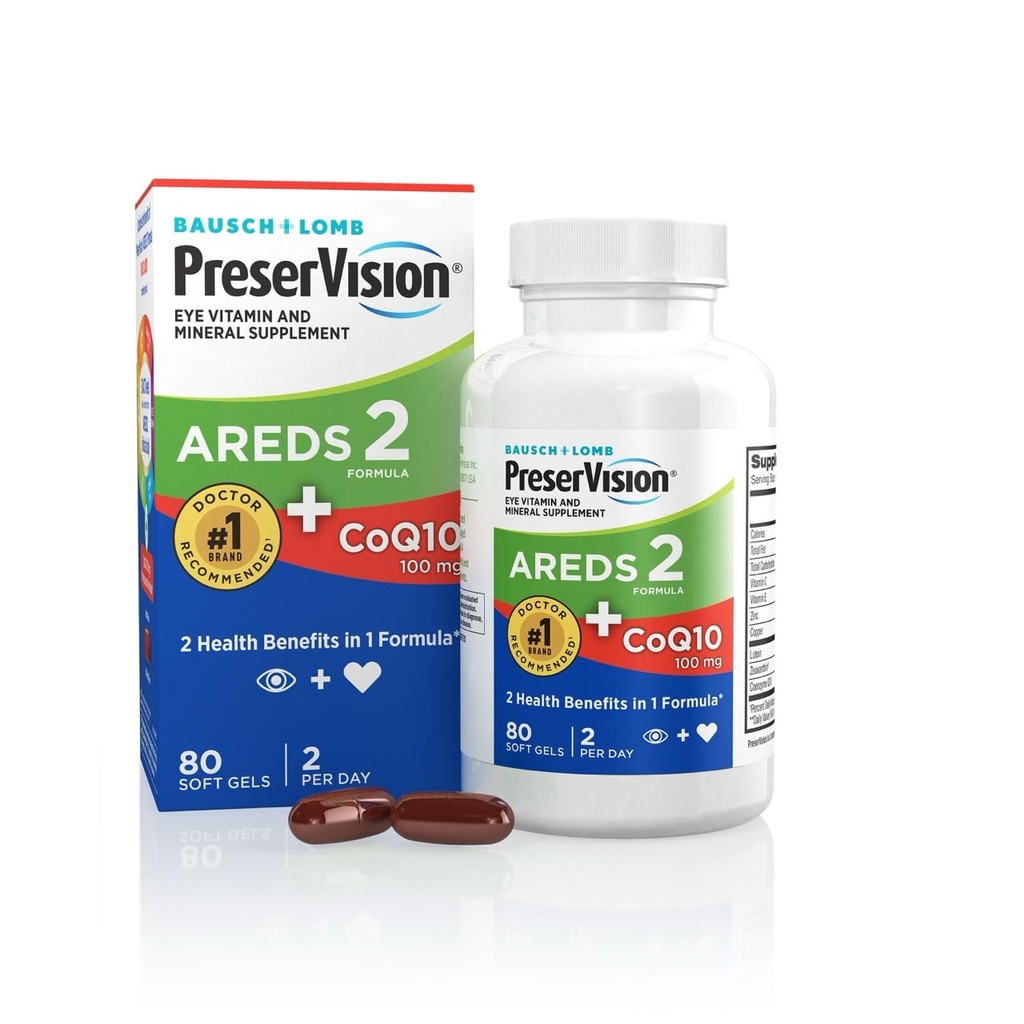 PreserVision AREDS 2 Vitamines oculaires avec CoQ10 pour la santé cardiaque, #1 Eye Doctor Marque recommandée, supplément de lutéine et de zéaxanthine avec vitamine C & E, zinc et cuivre, 80 Softgels
