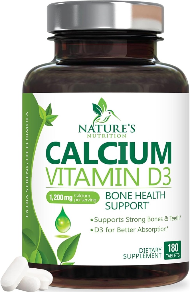 Supplément Calcium 1200 mg - avec vitamine D3 pour la meilleure absorption - Supporte la santé immunitaire, les os et les dents - carbonate de calcium de la nature + 1600 UI de D3 - mis en bouteille aux États-Unis pour les femmes et les hommes - 180 comprimés