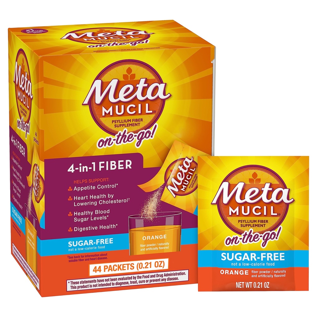 Metamucil On-the-Go-Packets, Sugar-Free, 44 Packungen, 4-in-1 Psyllium Husk Faser-Ergänzung, Orange Flavored, Individuelle Servierungen Groß für Reisen, Faser-Ergänzung für Verdauungs- und Regelmäßigkeit