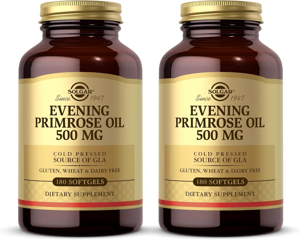 Solgare Huile de Primrose 500 mg - 180 Softgels, boîte de 2 - Source pressée à froid de GLA - Sans gluten, sans lait - 360 portions totales