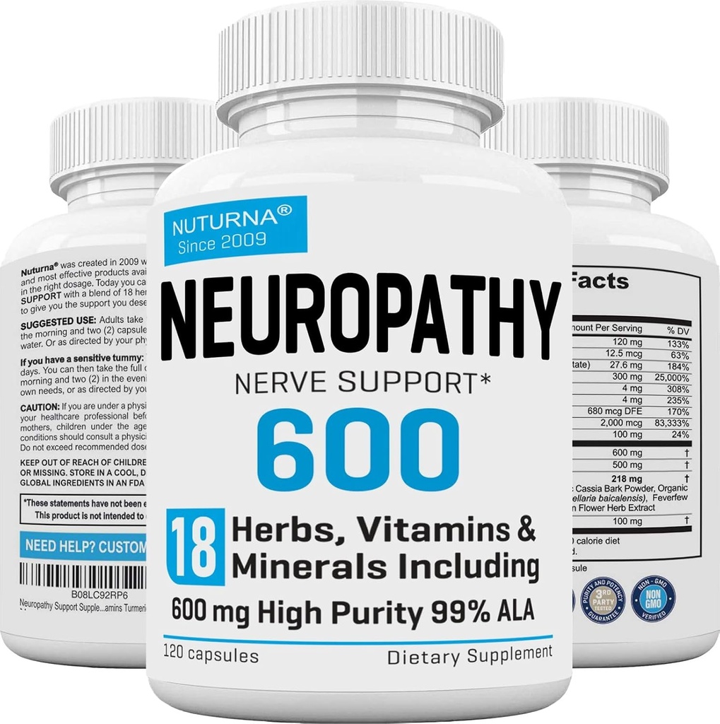 Supplément de soutien à la neuropathie avec 600 mg d'acide alpha lipoïque HP-99 - formule Nerve ALA pour les doigts de pieds Jambes - 18 en 1 Vitamines Nerve périphériques naturelles - 120 Capsules