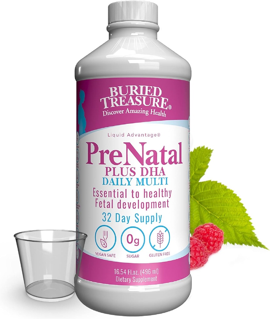 Trésor enseveli Prénatal Plus DHA Complet, 16 oz Orange Banana Flavor, supplément de formule liquide de haute puissance pour avant, pendant, après la grossesse, naturel DHA Oméga3 Végétarien de fer sans danger w/Dose Cup