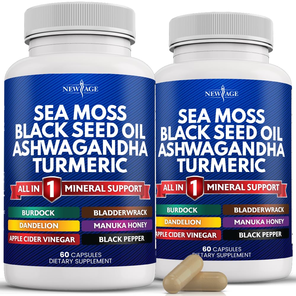 NOUVELLE AGE Sea Moss Capsules Black Seed Oil Ashwagandha Turmeric Bladderwrack Burdock - avec Manuka, miel Dandelion, vinaigre de cidre noir sans gluten
