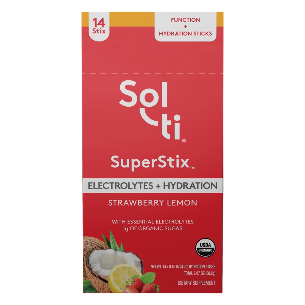 Organic Electrolytes + Hydration Drink Mix, Superfood Hydration Sticks, SuperStix von Sol-ti, Non-GMO, Vegan, Erdbeere Zitronen, 14 Single-Serving Sticks