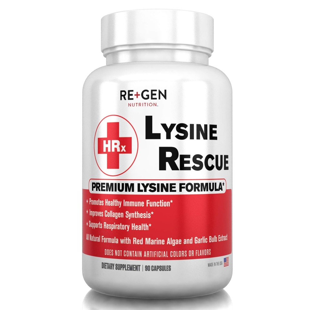 Re+Gen Nutrition Lysine Rescue, Amino Acid Supplément pour la santé immunitaire plus forte et la synthèse collagène chez les femmes et les hommes, favorise la santé des lèvres et de la peau, naturel, pur L-lysine, 90 capsules, 45 jours d'approvisionnement