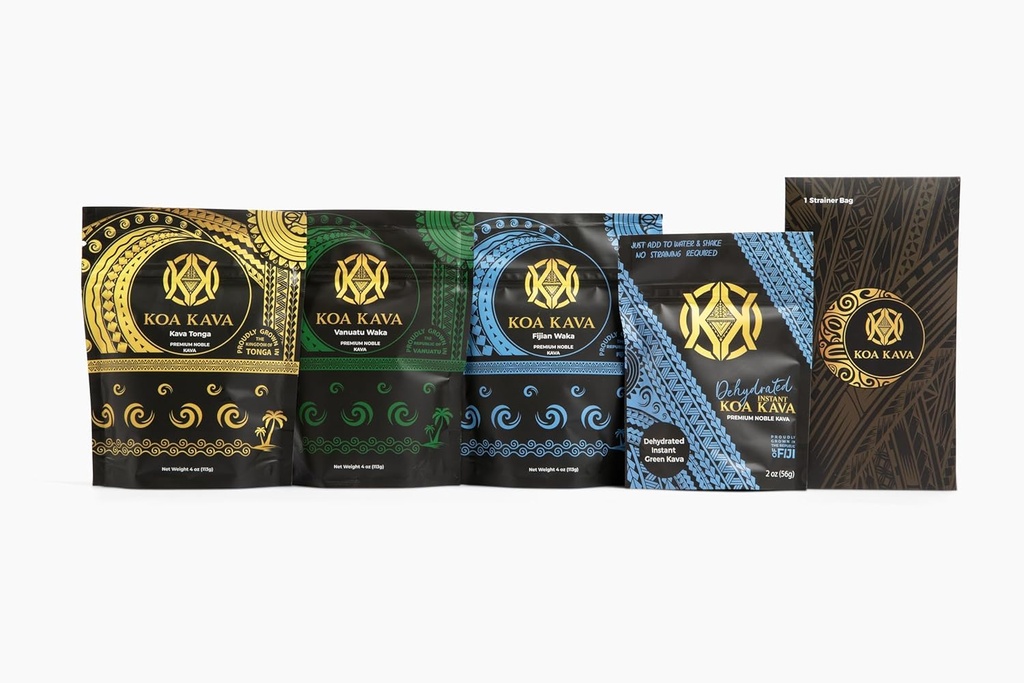 Koa Kava Premium Sample Pack – 2 oz de poudre de kava déshydratée instantanée + 4 oz de Tongan, Fidjian, et Vanuatu Waka Medium Grind Variétés. Découvrez votre préféré pour le calme et la détente ultimes!