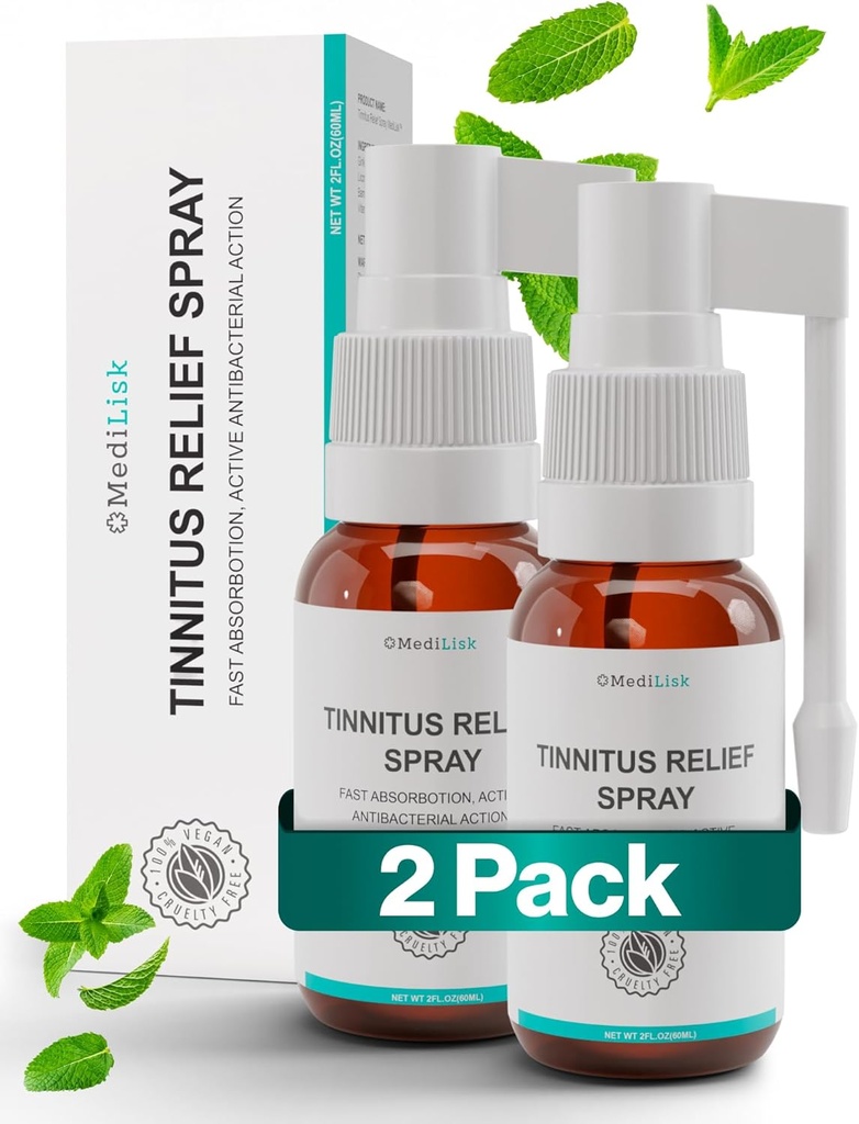 Medilisk Tinnitus Relief Spray – unterstützt Tinnitus Relief für Ringohren – Herbale Ohrpflegeprodukte – Tinnitus Behandlungen Prävention – Nicht-Steroidal & Allergiker – 1 Fl Oz – Paket von 2
