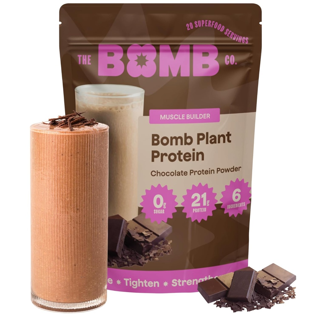 La Bomb Co. Bomb Plant Protein, Protein Powder con Proteine 21g, Aminoacidi, Zucchero Zero, Pea Protein, Cocoa, Chia Seeds, Pumpkin Seeds, Vanilla & Monk Fruit, Gluten Free, Chocolate Flavor, 20 Srvgs