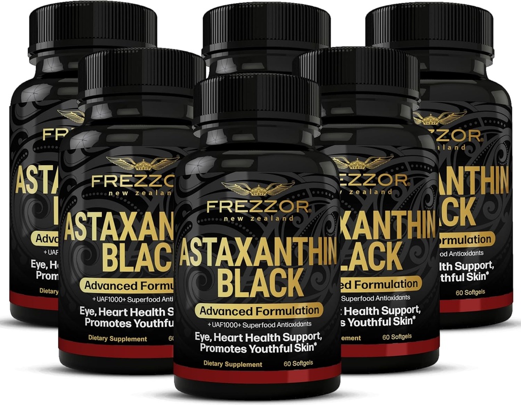 FREZZOR Astaxanthin Schwarz mit UAF1000+ Super Antioxidant, unterstützt Herz-, Augen- und Hirngesundheit, Anti-Aging Haut- und Zellschutz, 12mg Astaxanthin pro Serve, 360 Softgels, 6 Monate Versorgung