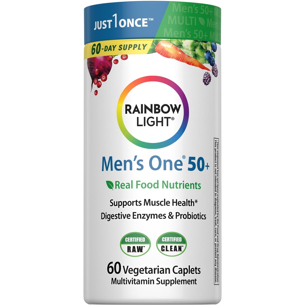Luce arcobaleno Multivitamina per gli uomini 50+, Vitamina C, D & Zinc, Probiotici, Multivitaminico Uomo One 50+ Fornisce supporto immunitario ad alta potenza, Non OGM, Vegetariano, 60 compresse