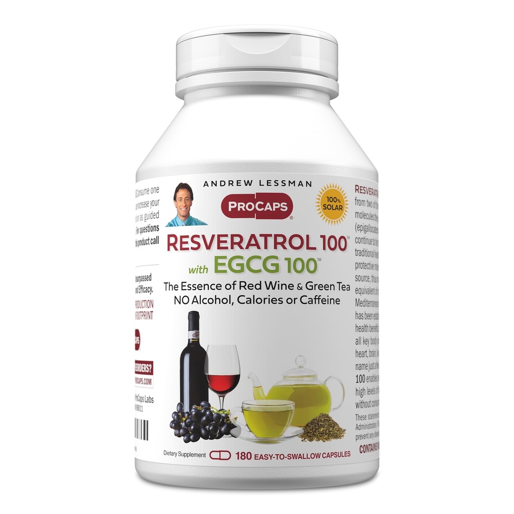 ANDREW LESSMAN Resveratrol-100 EGCG 100mg - 180 Capsules - Deux antioxydants naturels, sans alcool ou caféine.