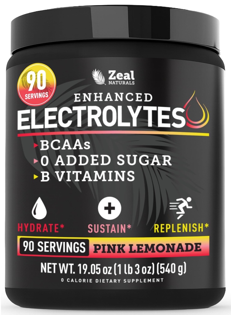 Zeal Naturals Electrolyte Powder Recovery Drink (90 portions) w 0 Sucre + BCAAs + B-Vitamines Supplément Electrolyte w Potassium Zinc & Magnésium pour l'hydratation - Keto Electrolytes