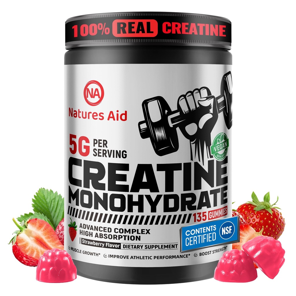Gommie Monoidrate Creatina (5g) – Pre-Workout Energy & Muscle Growth Support per Uomini e Donne | Gommie elettrolitiche di fragola (135 Conte)