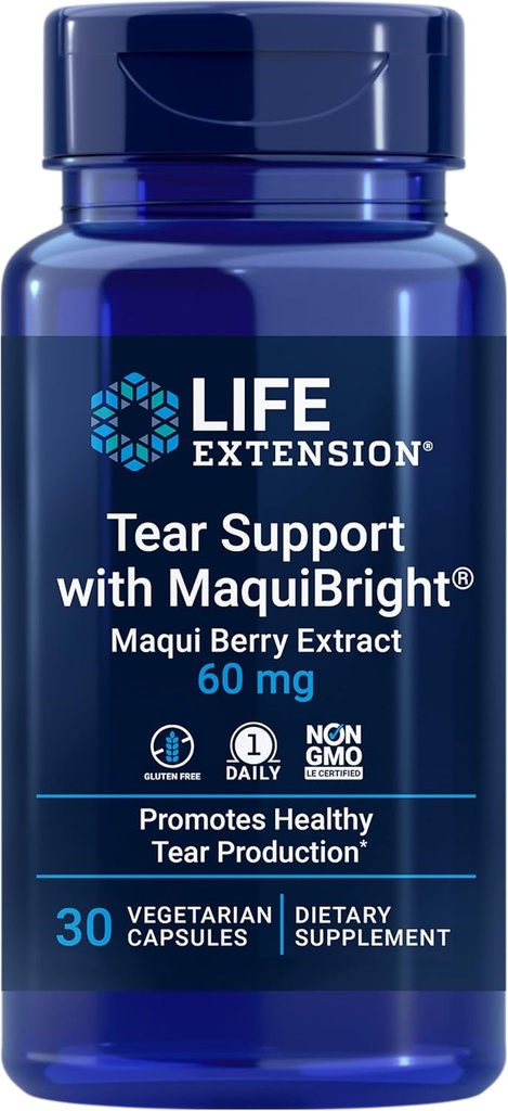 Life Extension Tear Support mit MaquiBright®, 60 mg, Maqui Berry Extract for Dry Eyes, unterstützt Augengesundheit, fördert Teereproduktion, Glutenfrei, Non-GMO, 1 Täglich, Vegetarisch, 30 Kapseln