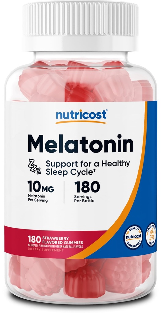 Nutricost Melatonin 10mg, 180 Gummies, Aroma di fragole - Gluten Free, Non OGM, No Corn Syrup