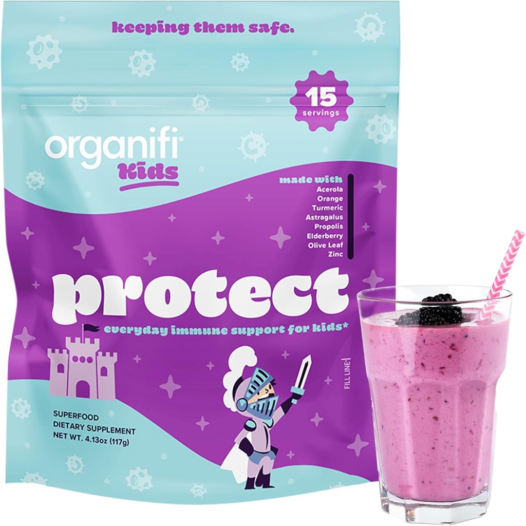 Organifi Kinder: Schutz - Jeden Tag Immununterstützung für Kinder mit Elderberry, Acerola Kirsche und Zink - Berry Flavored Immunity Powder - Plant-Based, Vegan, und keine Gluten, Milch oder Soja - 15 Servierungen