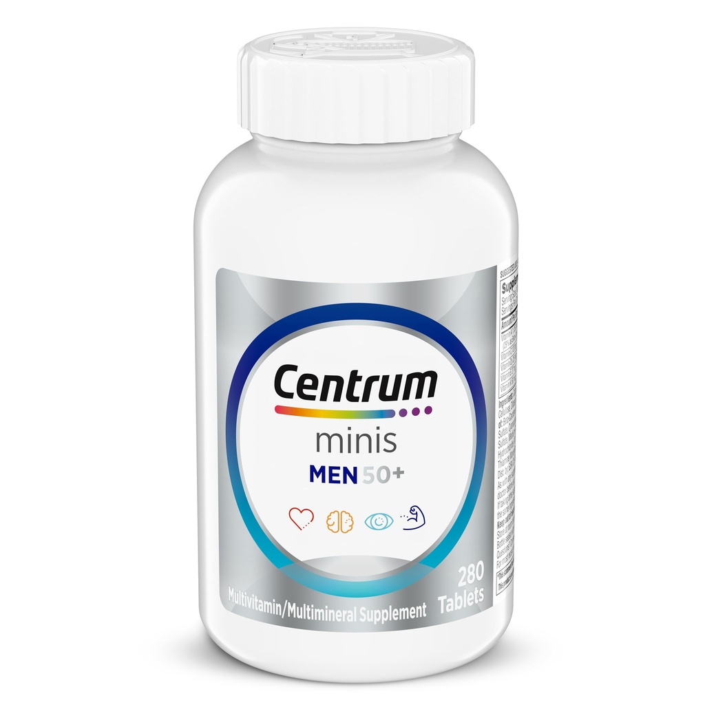 Centrum Minis Silver Multivitamin per Men 50 Plus, Multivitamin/Multimineral Supplement, Vitamina D3, B-Vitamins e Zinco, Ingredienti Non OGM, Supporta Memoria e Cognizione in Adulti Anziani - 280 Ct