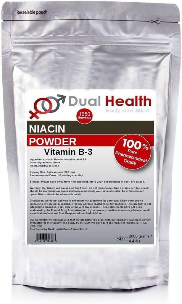 Polvere di niacina (4.4 lbs - 2 chilogrammi) Integratore di carica della vitamina B3 Niacina di rilascio immediato con acido nicotinicotinico Flush Non OGM, Vegan, Assorbimento rapido senza glutine Nessun OGM, Filler, Additivi, Metalli