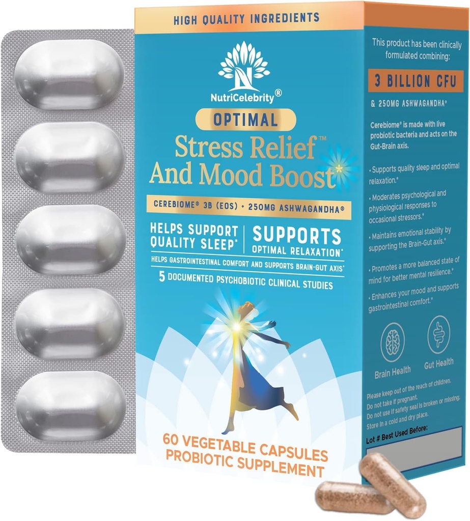 Nutricelebrity Optimal Stress Relief Supplement, Mood Support, Sleep Aid, Ashwagandha Organic, KSM-66, Brain Focus, Probiotics for Women, Gut Health, Vegan Non GMO 60 Days Supply - 2 Pack
