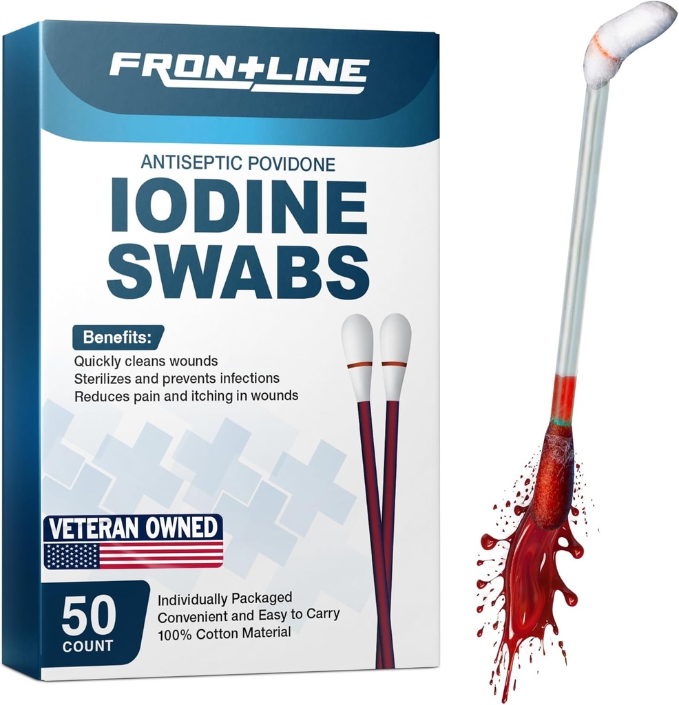 FrontLine Povidone Iodine Swabs, Antiseptic Swabsticks, Iodine Lösung, Reinigung Baumwollswab, Individuell Wrapped Medical Supplies, Wund Care, Erste Hilfe, Wund Cleaner, Box von 50