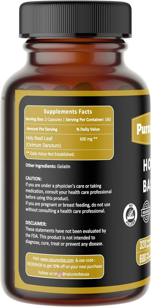 Holy Basil Premium 320 Kapseln Non GMO und glutenfrei | Kräuterergänzung | 600 mg pro Servieren | Herb Holy Basil Leaf Herb Made