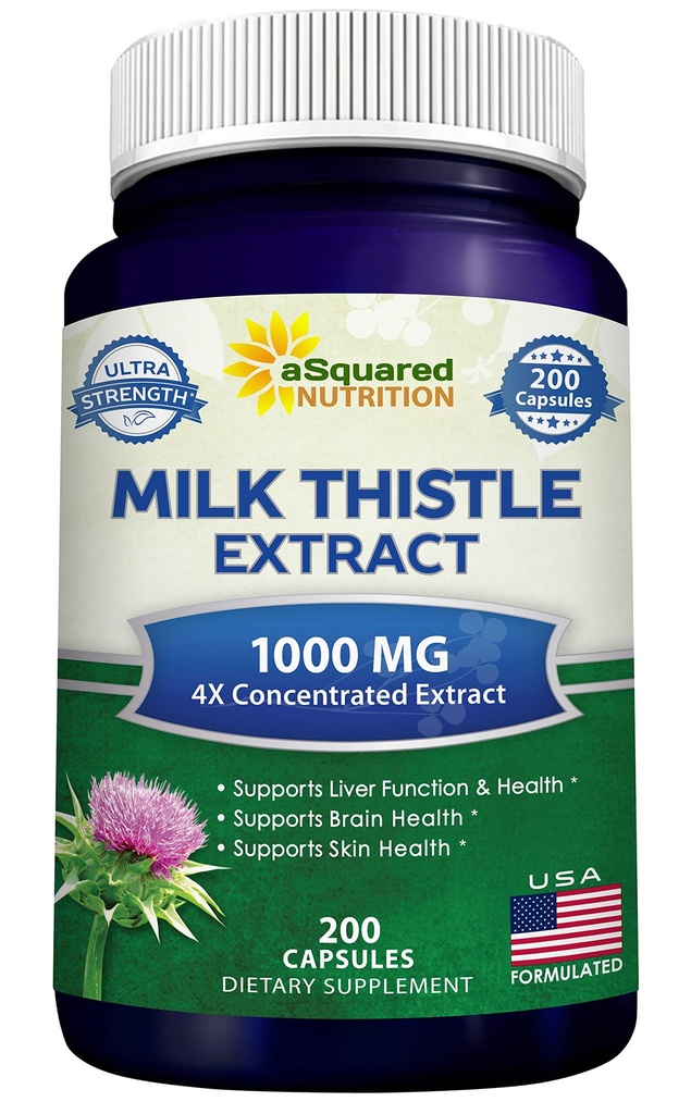 aSquared Nutrition Milk Thistle Supplement 1000mg-200 Kapseln,Max Strength 4X Concentrated Extract 4:1 Milk Thistle Seed Powder Herb Pillen, 1000 mg Silymarin Extract for Liver Support, Cleanse, Detox