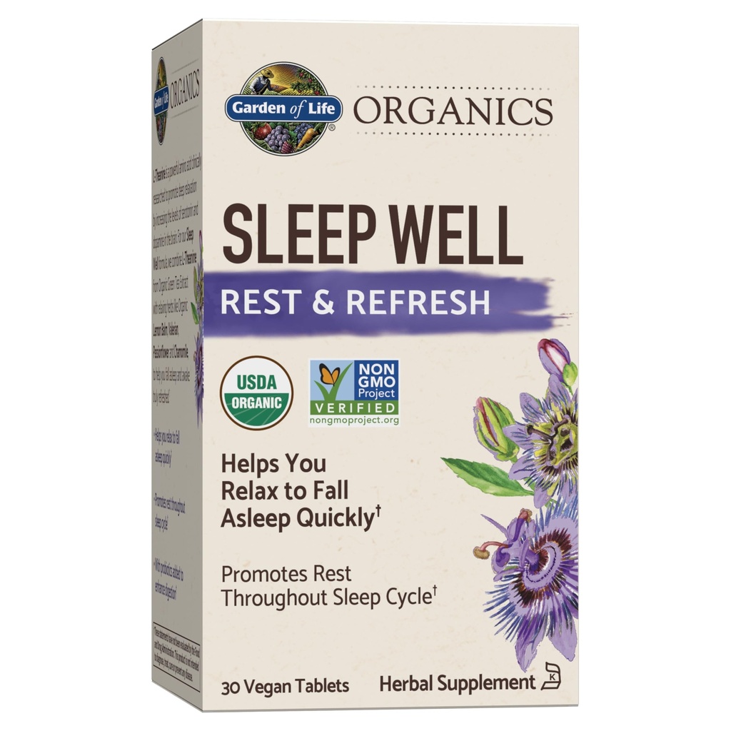 Giardino della vita organici dormire bene riposo & Refresh 30 compresse, Balmo di limone, Estratto di tè verde L-teanina, radice di valeriana, camomilla, Probiotics-Organico Non-GMO Vegan Gluten Free Herbal Supplement