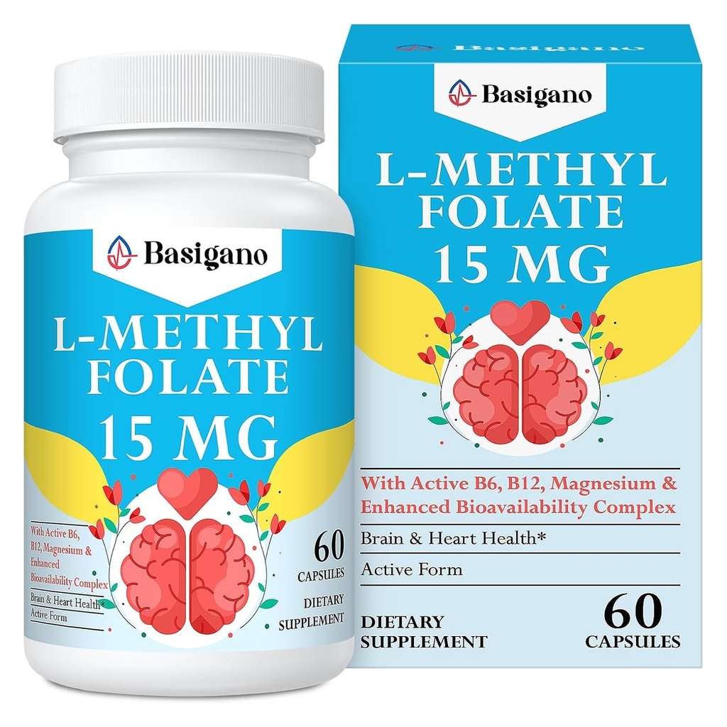 15mg L Methylfolate (5-MTHF)- Acido folico attivo arricchito con vitamine B6 e B12-60 capsule vegetariane - Non OGM, senza glutine