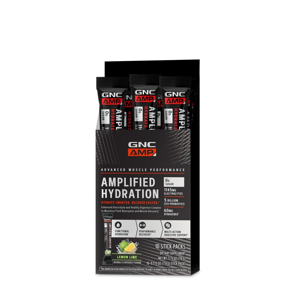 GNC AMP verstärkte Hydration Elektrolyt-Pulver-Getränk-Mischung | Enhanced Electrolyte & Healthy Digestion Complex | Lemon Lime | 10 Count