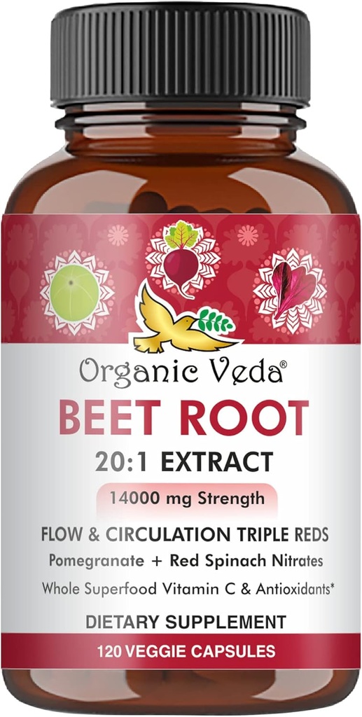 Capsules de racines de betteraves biologiques - Suppléments de betteraves à oxyde nitrique triple rouge - Nitrates concentrés et mélange de vitamine C de l'extrait de racines de betteraves, épinards rouges, grenade, poivre noir - 120 capsules