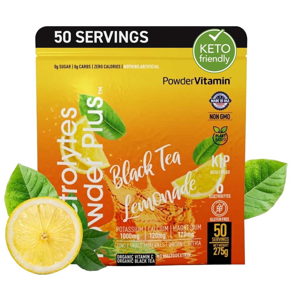 Elektrolyte Pulver Plus (50 Servierungen) Schwarze Tee-Lemonade Elektrolyt Pulver Zero Calorie Keto,0 Zucker, Kein Maltodextrin, 1000mg Kalium, 120mg Calcium, 120mg Magnesium, Hydration Pulver