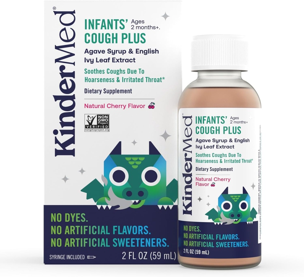 KinderMed Infants' Daytime Cough Plus, Organische Agave Syrup und englische Ivy Blatt Extrakt, keine Farbstoffe, keine künstlichen Aromen oder Süßungsmittel, Non-GMO, für Babys 2 Monate +, natürliche Kirschen Geschmack (2 Fl Oz)