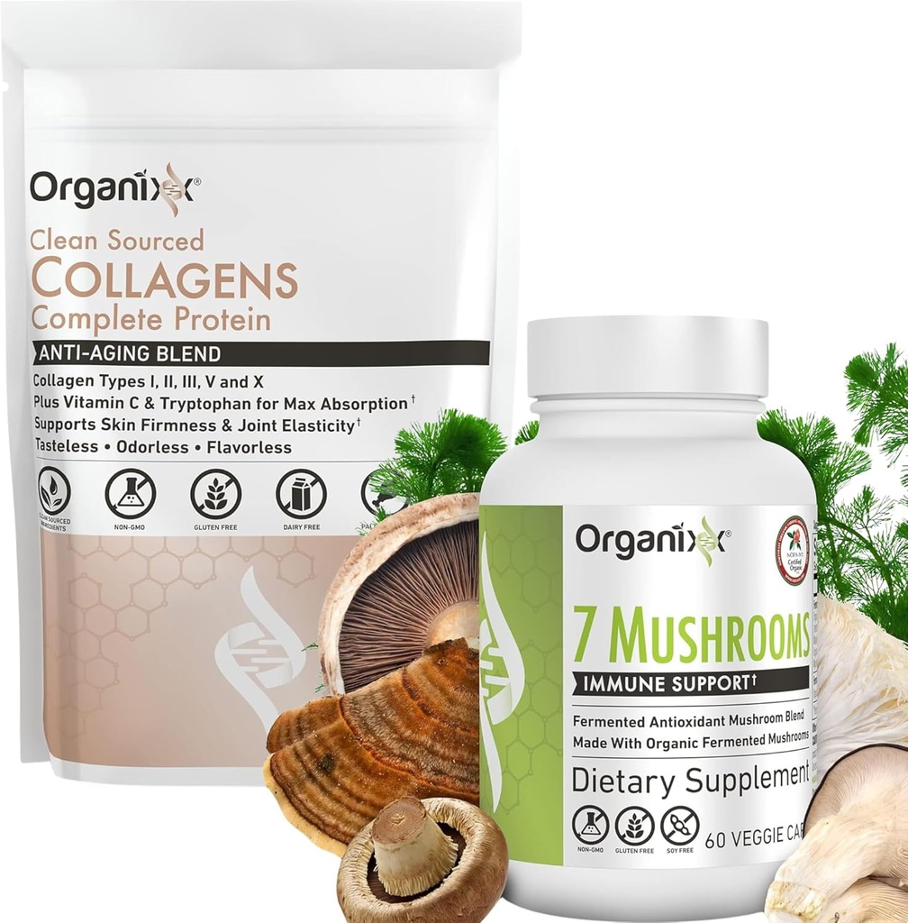 Polvere di collagene pulita di organixx, non aromatizzata, 20 porzioni e supplemento di funghi organici (60 capsula vegetariana)