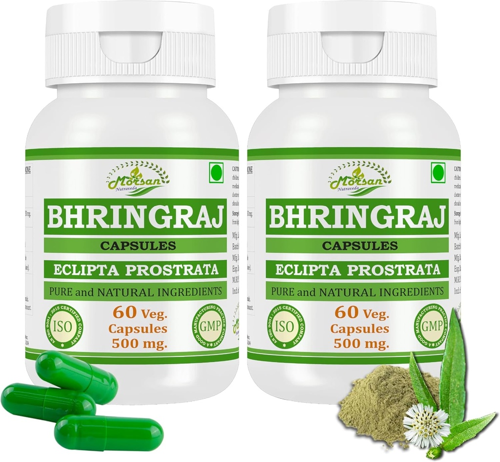 Bhringraj (Eclipta Prostrata) Capsule per Uomini e Donne | Premium Ayurvedic Herbal Supplement | 500 mg. per Serving | 60 capsule vegetali | Realizzate con naturale Bhringraj Plant | Confezione da 2 x 60 capsule