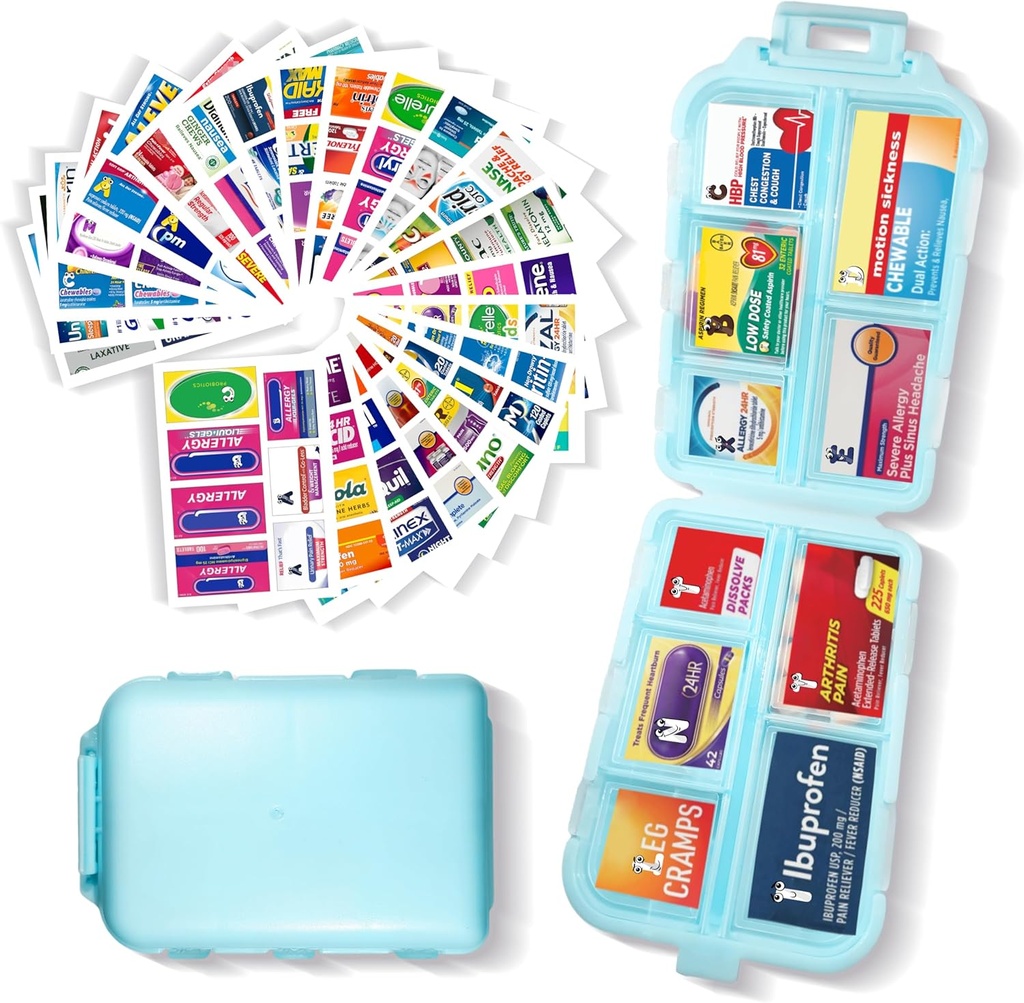 Pill Organizer mit Medizin Etiketten 161 Etiketten Travel Daily Pill Container Mini Medication Organizer Aufbewahrung Pill Organizer Reisen Essentials Pill Case 7 Day (Blau, 1 Pack)