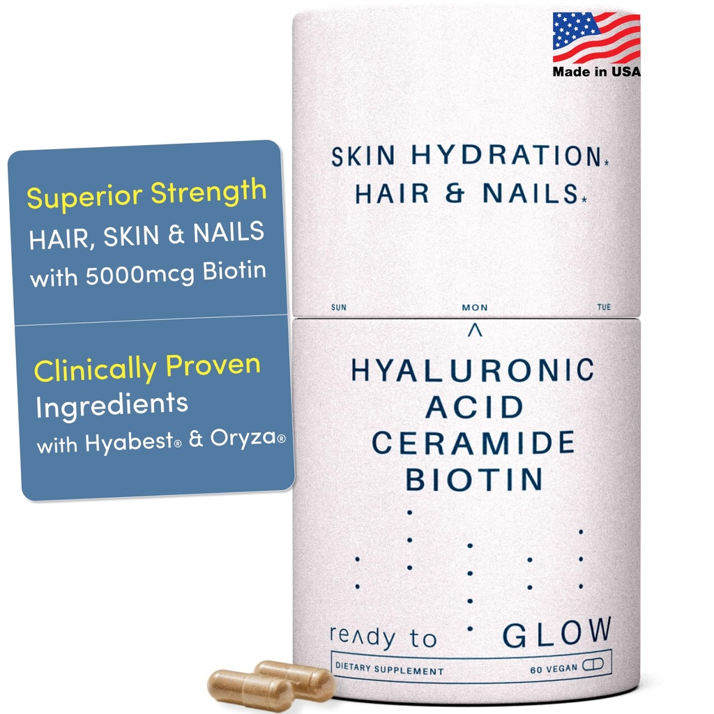GLOW Anti Aging Supplement - Hyabest® Hyaluronsäure, Phytoceramide, 5000 mcg Biotin, Vitamin A, C, E, Zinc - Haarhautnägel Vitamine für Damen und Herren - Falten & Skin Hydration - 60 Kapseln