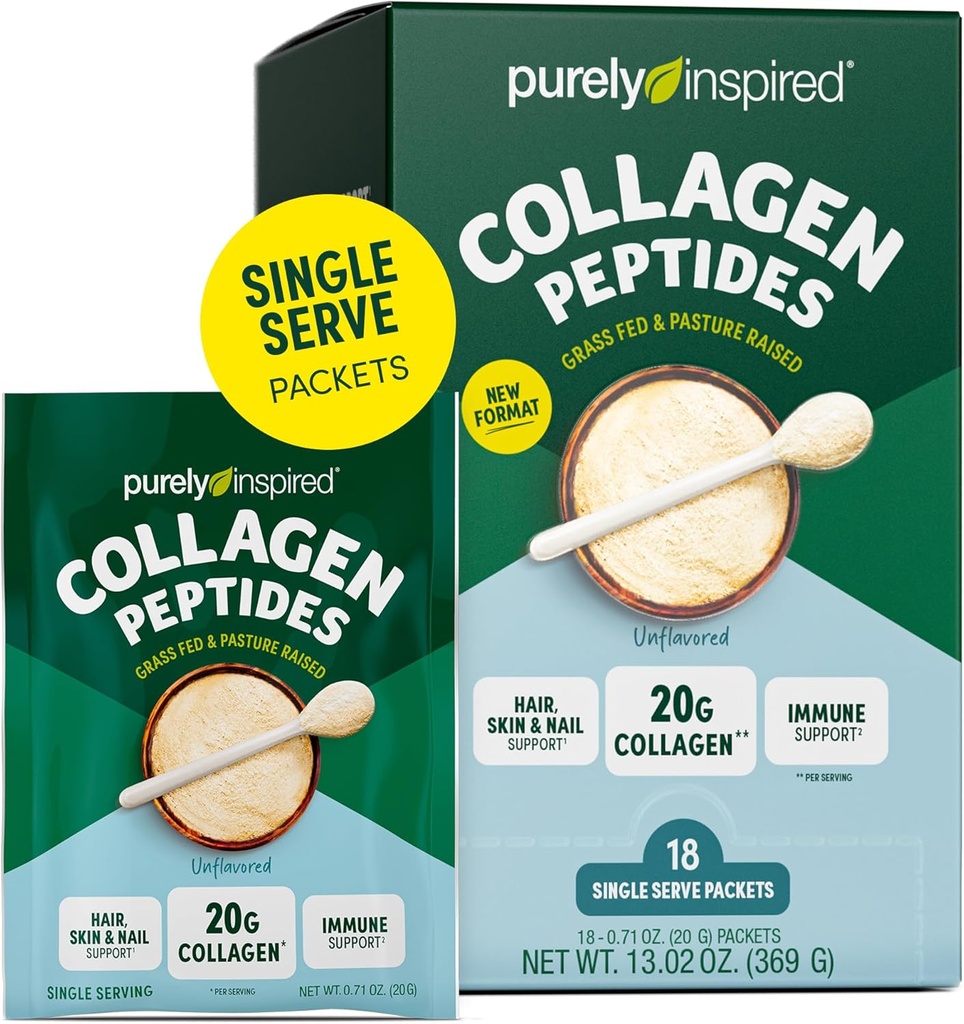 Poudre de collagène purement inspirée, 18 sachets à usage unique, non aromatisés - 20g de poudre de peptides de collagène pour les femmes et les hommes - herbe-feed et pâturage élevé - sans gluten, paléo & kéto-friendly