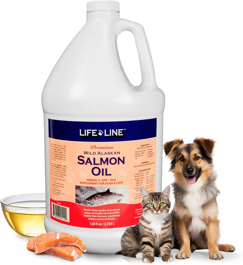 Linea di vita Wild Alaskan Salmon olio per cani e gatti | Omega-3 Fish Oil Supplemento per la salute della pelle, Shiny Coat & Joint Support – 128 oz