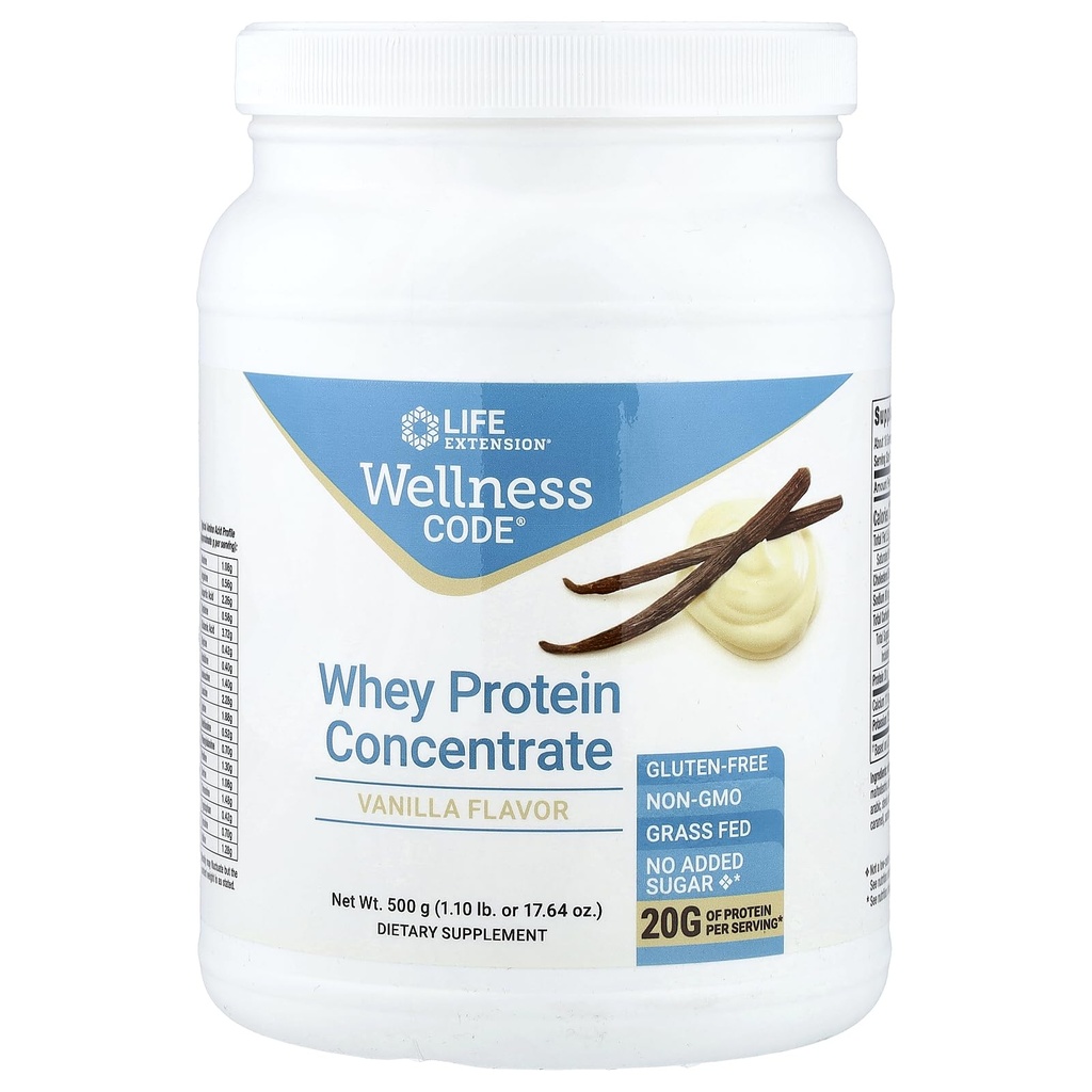 Lebensverlängerung Wellness Code Whey Protein Konzentrat 20g Muskelwachstum & Immune Gesundheit - Aus Grass-Fed, Free-Range, Hormon-freie Cows, Non-GMO, Ohne Zusatz von Zucker, Vanille- 500g