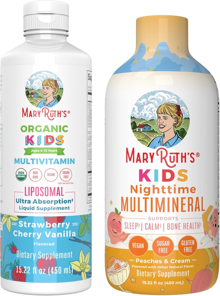 MaryRuth's Nighttime Multimineral (Peaches & Cream) e Multivitamin Liposomal (Strawberry Cherry & Vanilla) per bambini | Clean Label Project Verified® | Vitamine Vegan per Muslce Relax & Global W