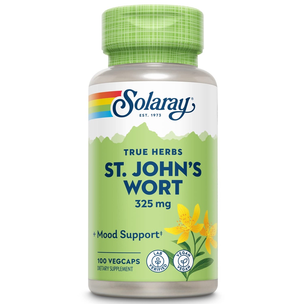 SOLARAY St Johns Wort 325 mg Aérien entier - Supplément de soutien pour la santé et l'humeur - Garantie de remboursement de 60 jours - Non-OGM, végétalien, laboratoire vérifié (100 CT)