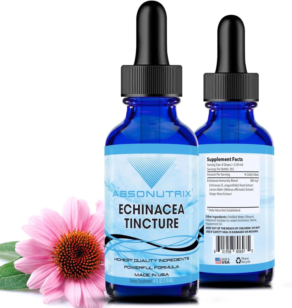 Absonutrix Echinacea Tincture Advanced Formel 390 mg, 4 Oz Liquid, 302 Servierungen, Made in USA, schnelle Absorption, Qualität Potent Ingredients, Non-GMO, GMP zertifizierte Einrichtung, Cruelty-Free Products