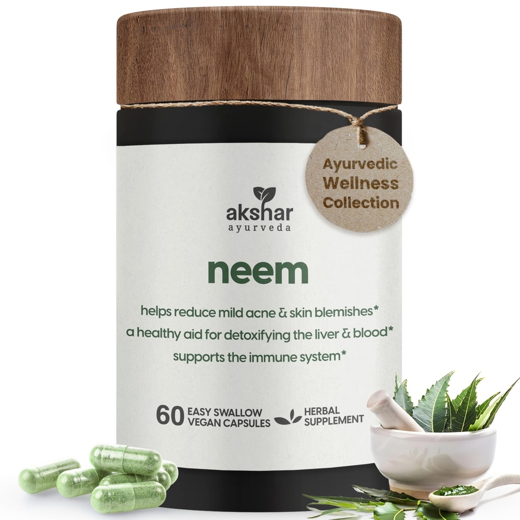 AKSHAR Ayurveda - Capsules de Neem avec extrait de Neem et poudre de Neem Leaf - Supplément de Neem à base de plantes pour soutenir la santé claire de la peau et la désintoxication - Capsules de Neem sans cruauté végétalienne (60 Nombre)