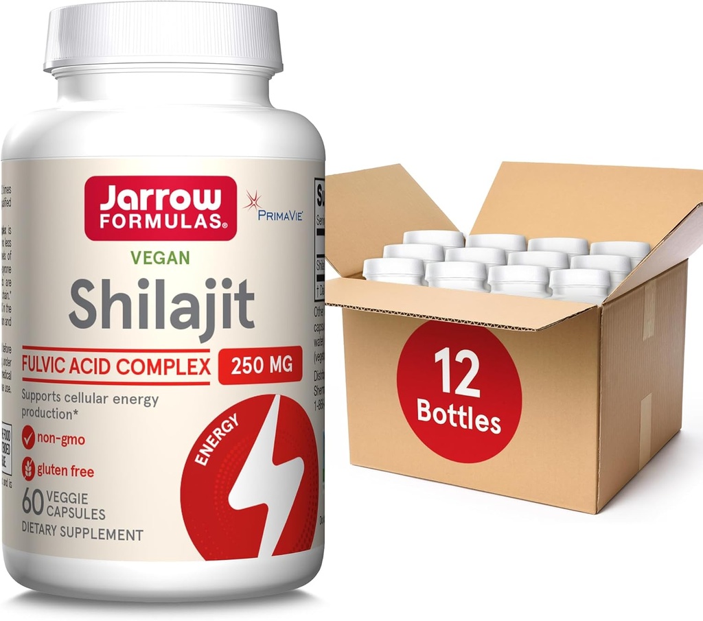 Jarrow Formulas Shilajit 250 mg, Supplemento dietetico, Complesso di acido Shilajit per la produzione di energia cellulare, 60 capsule vegetali, 60 giorni di alimentazione (pacchetto di 12)