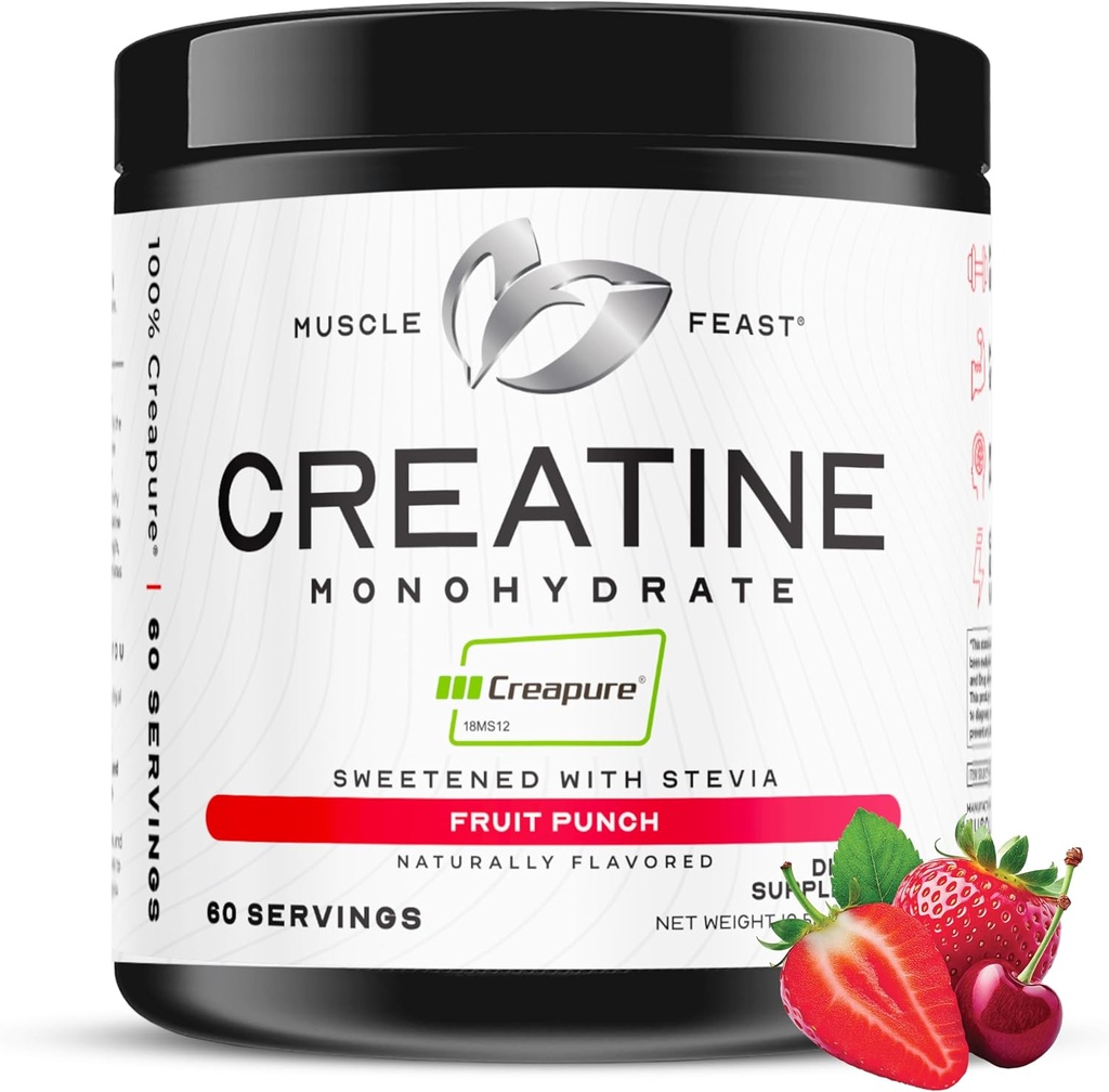 Muscle Feast Creapure Creatine Monohydrat-Pulver, Vegan Keto Friendly Gluten-Free Einfach zu mischen, Muskel-Recovery-Ergänzung, Kreatin für Muskelwachstum, Geschmack Kreatin, Natürliche Frucht Punch 300g