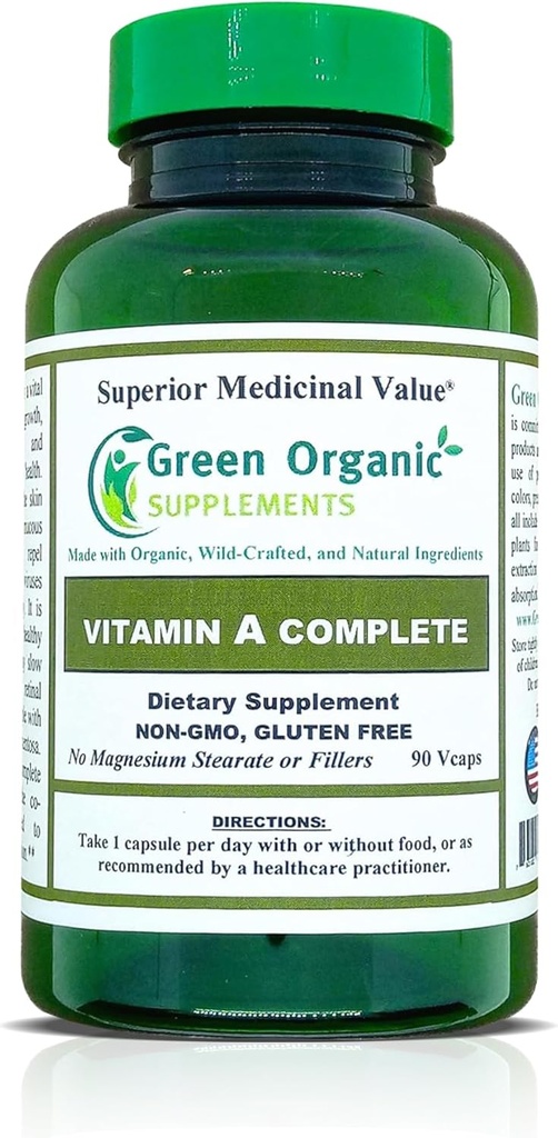Suppléments organiques verts Vitamine A, Palmitate de rétinyle, 90 VCaps, 15000UI, fabriqués à la main, sans OGM et sans gluten (paquet de 1)