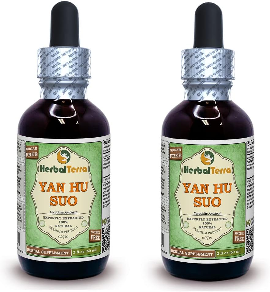 Yan Hu SUO (Corydalis Ambigua) Glycérite, racines séchées Extrait liquide sans alcool (marque : HerbalTerra, fièrement fabriqué aux États-Unis) 2x2 fl.oz (2x60 ml)