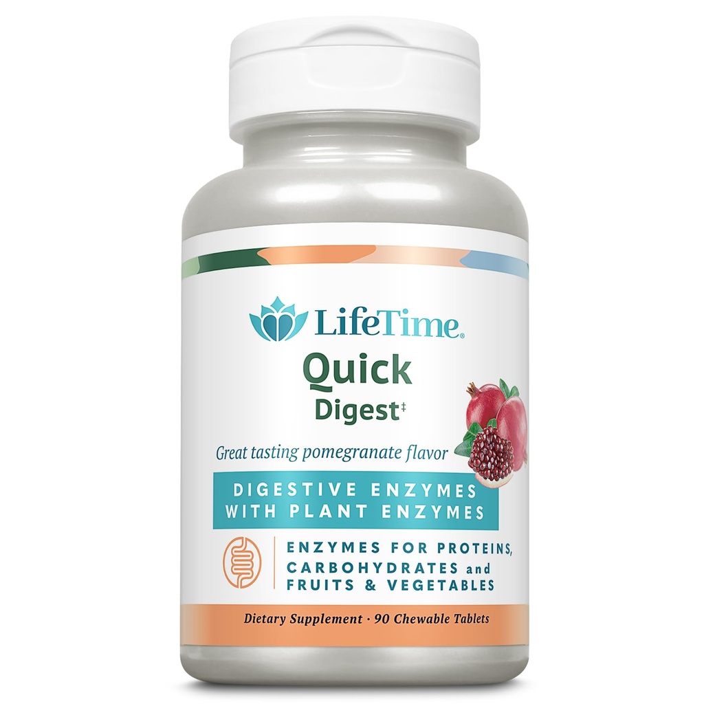 LIFETIME Quick Digest Digestive Enzymes - Plant Enzymes for Proteins, Carbohydrates, Fruits and Vegetables - Digestive Health Support - Pomegranate Flavor - 90 Servings, 90 Chewable Tablets