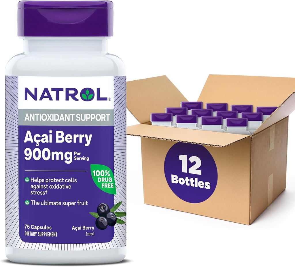 Natrol Acai Berry, Nahrungsergänzung, Antioxidans Schutz & Verteidigung, Die ultimative Super Frucht, 900 mg Veggie Kapseln, 75 Count (Pack von 12)