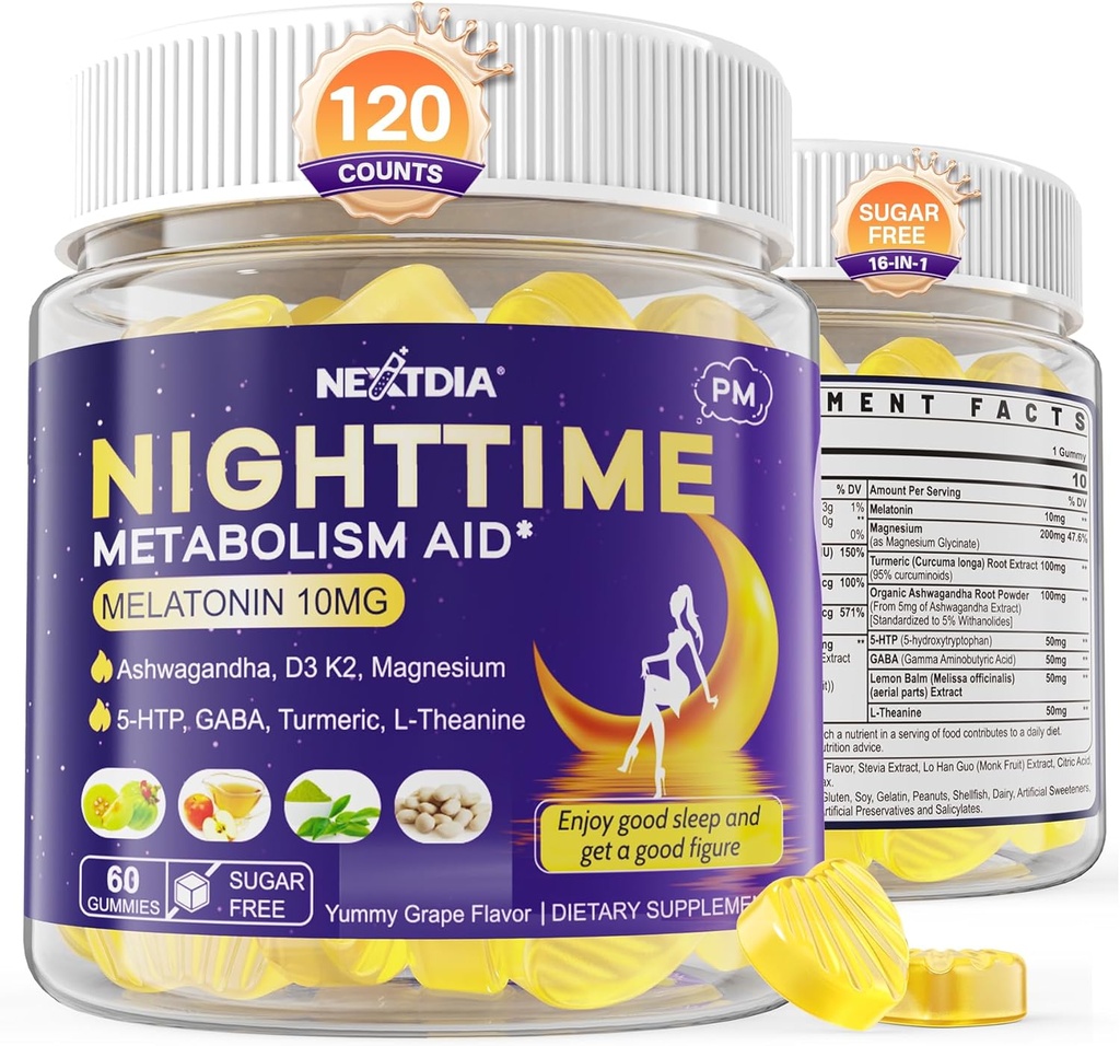 Melatonina 10mg Gummies, Tempo Notturno Metabolismo Gummies per adulti, Crush Excess Hoarding Mentre si riposa, Promuovere Zzzs sani, con Magnesio, Ashwagandha, 5-HTP, GABA, 100% Droga gratis, Sugar Free,2Packs